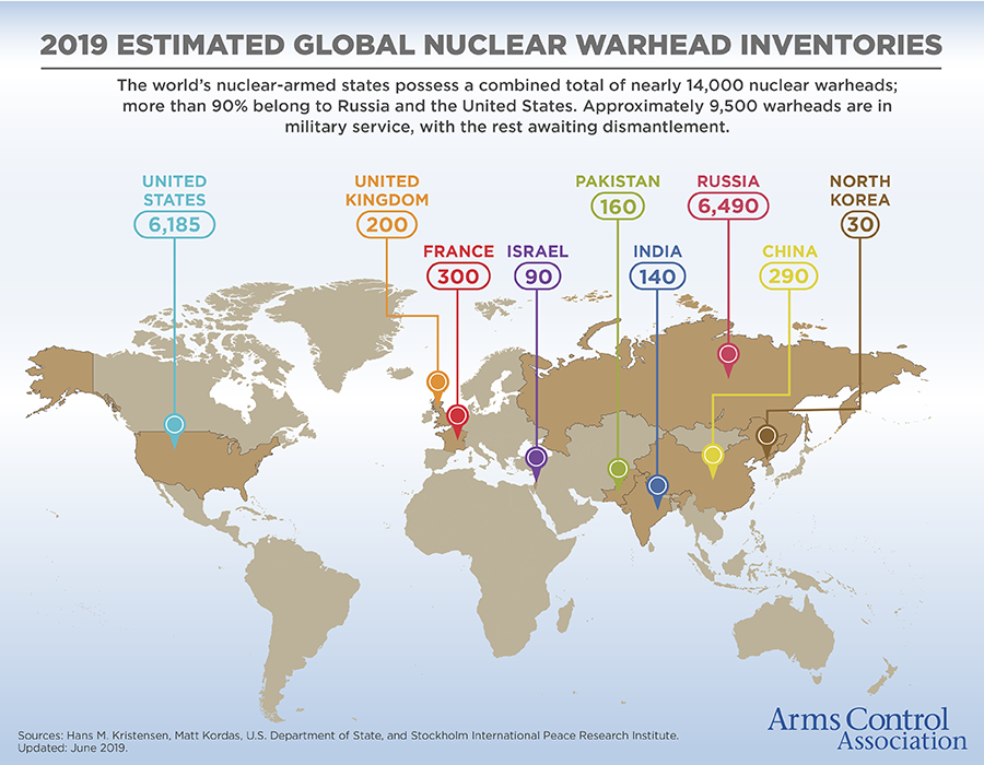 Cartes des armes nucléaires par pays dans le monde (estimations de 2019)