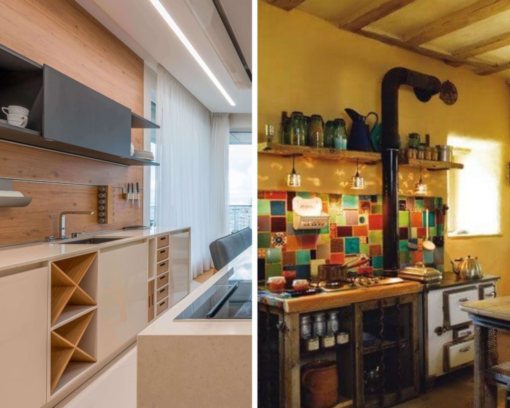 photo d'une cuisine moderne à gauche et d'une cuisine écologique à droite