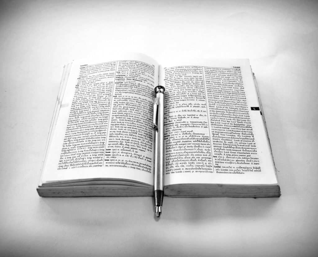Photo d'un dictionnaire ouvert avec un crayon, à avoir dans votre bibliothèque de l'effondrement