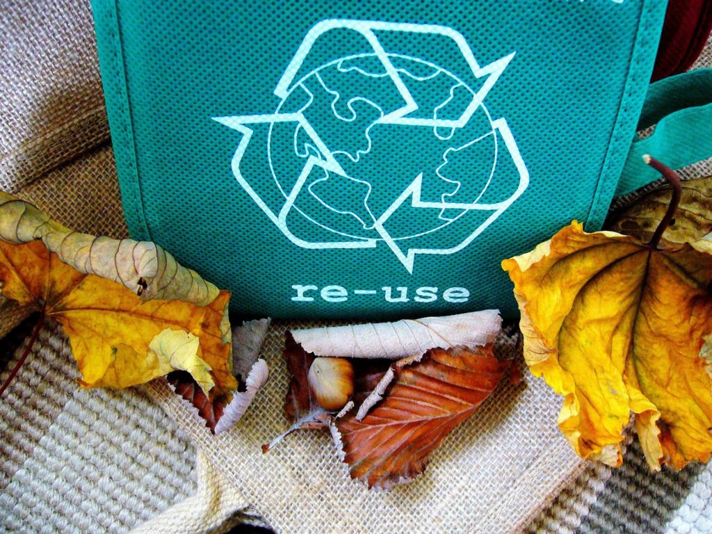 Panière verte avec un symbole de recyclage pour les déchets ménagers entourée de feuilles mortes