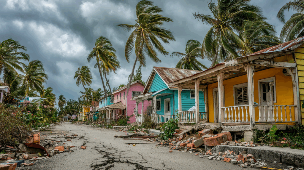 Tremblement de terre aux antilles, rue après le séisme, avec la route cassée, des débris et des maisons abimées, le vent dans les palmiers et le ciel menaçant.
