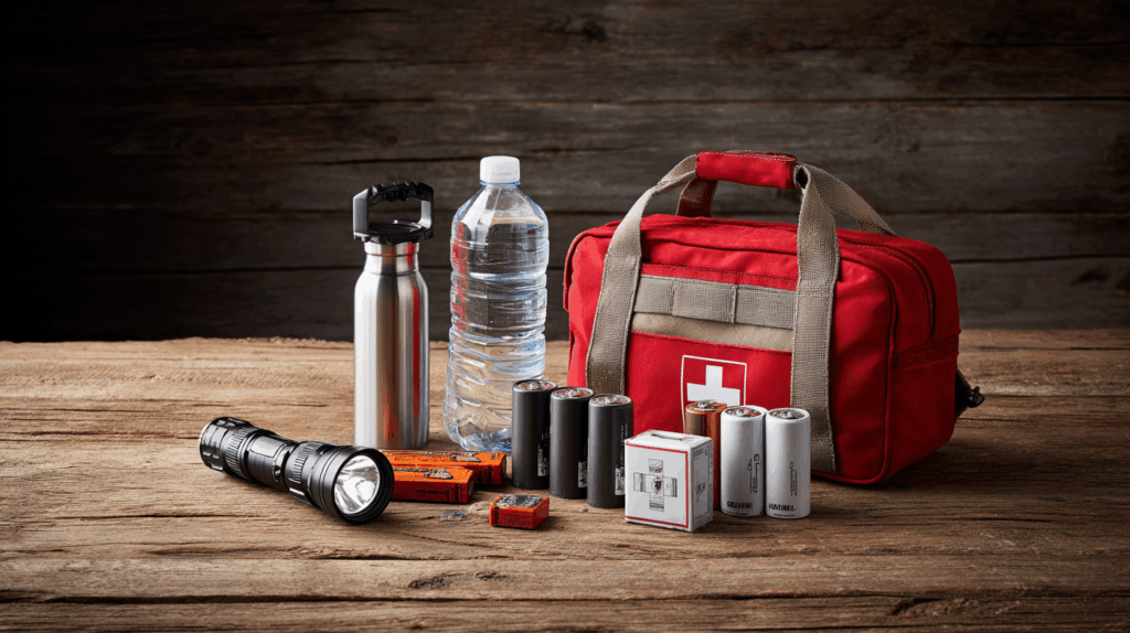 Trousse de secours avec de l'eau, une lampe, des piles, en cas de tremblement de terre
