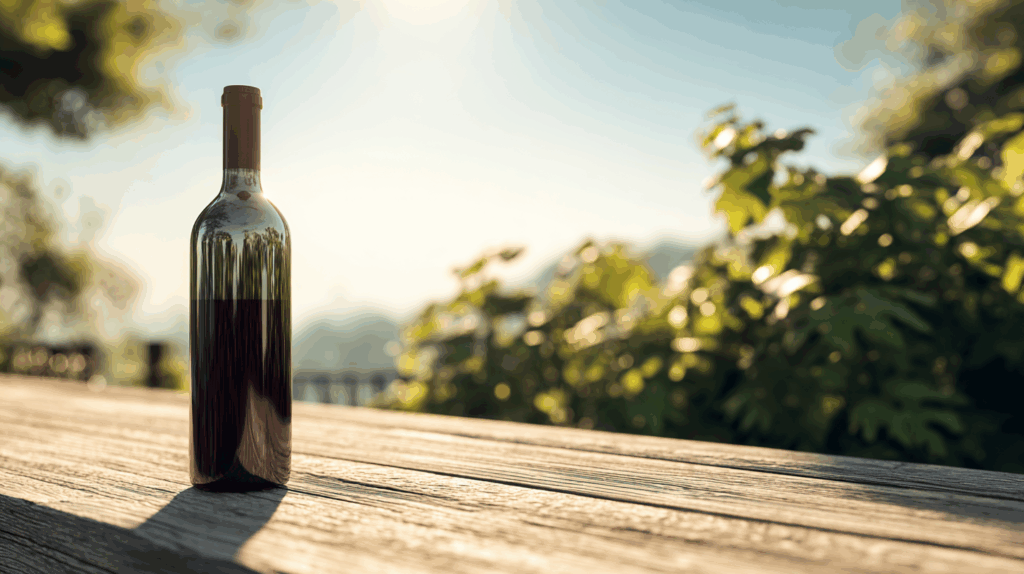 Bouteille de vin éco-concue, écologique, sur une table en bois devant les vignes au soleil