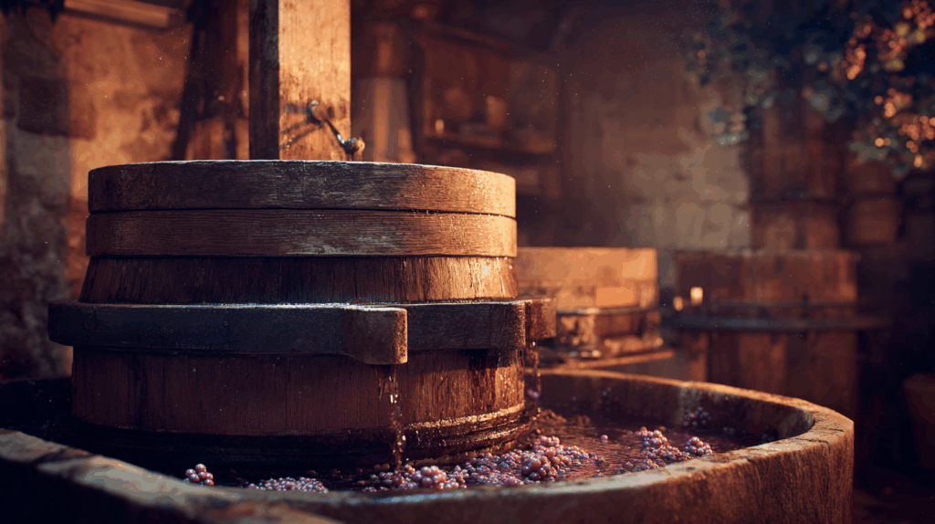 pressoir à raisin ancien en bois, pressant des raisins rouges pour faire du vin traditionnel avec les méthodes ancestrales