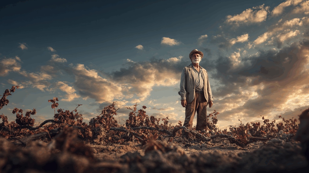 Vieil homme face à des vignes ravagées par la sècheresse