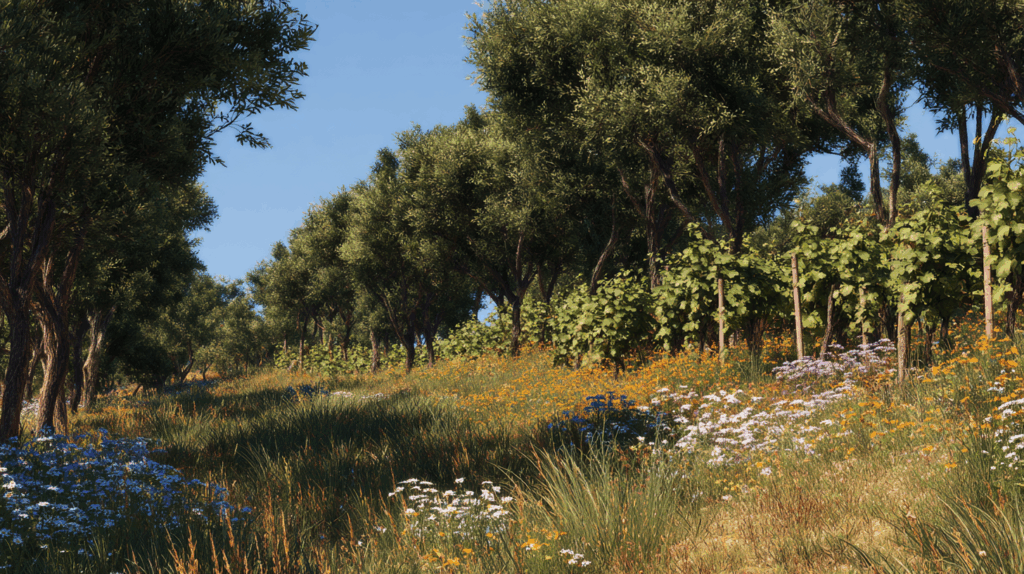 vignes entourées d'arbres pour favoriser la cohabitation naturelle des plantes, un écosystème complet comme dans l'ancien temps