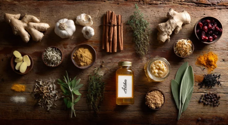 Antibiotiques naturels, ingrédients naturels sur une table en bois, herbes, fruits, miel, épices...