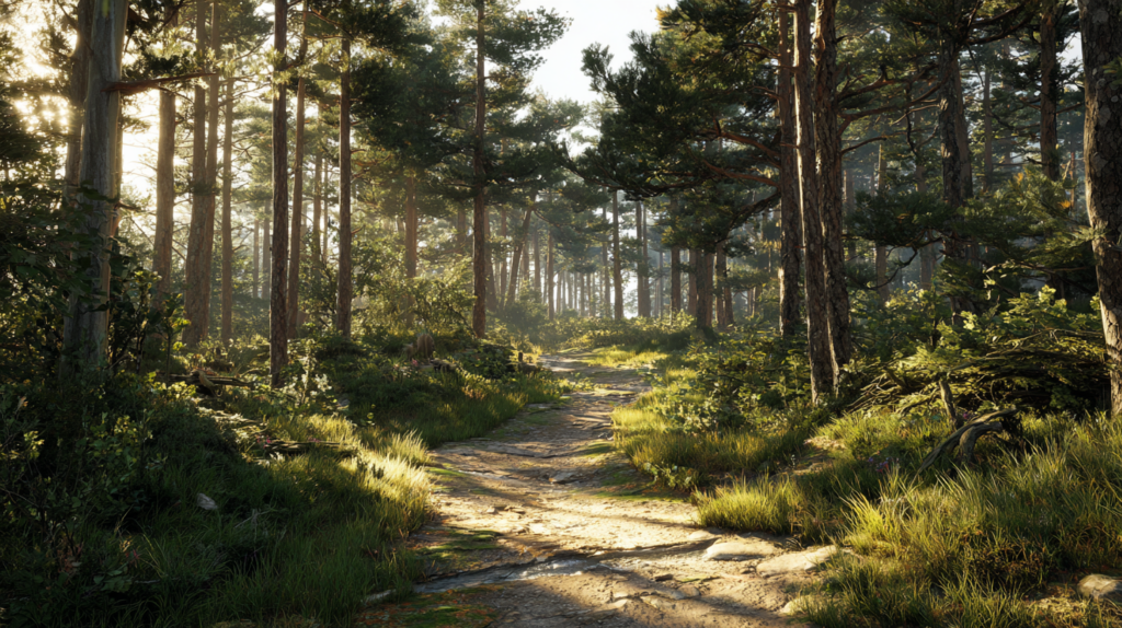 Forêt de pins avec une belle lumière qui passe entre les arbres