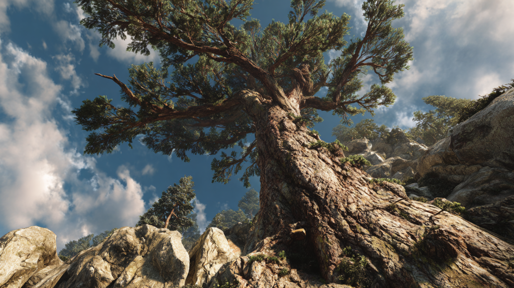 Pin géant en contre plongée dans un paysage méditerranéen