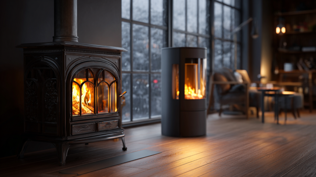 Un poêle à bois et un poêle à granule qui brûlent dans une pièce d'une belle maison