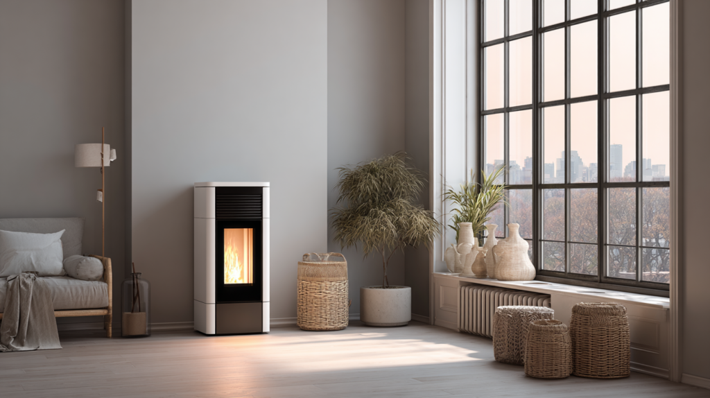 Poêle à granule moderne dans une maison d'architecte, décoration moderne