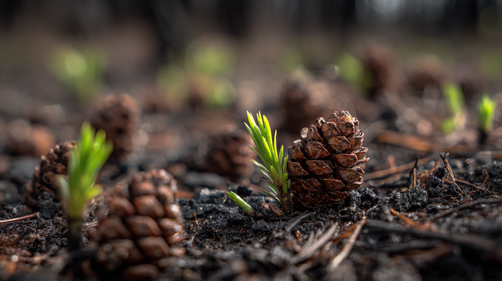 pommes de pin et jeune pin qui pousse dans le sol à partir de la pomme de pin, un petit pin qui deviendra un jour un arbre géant
